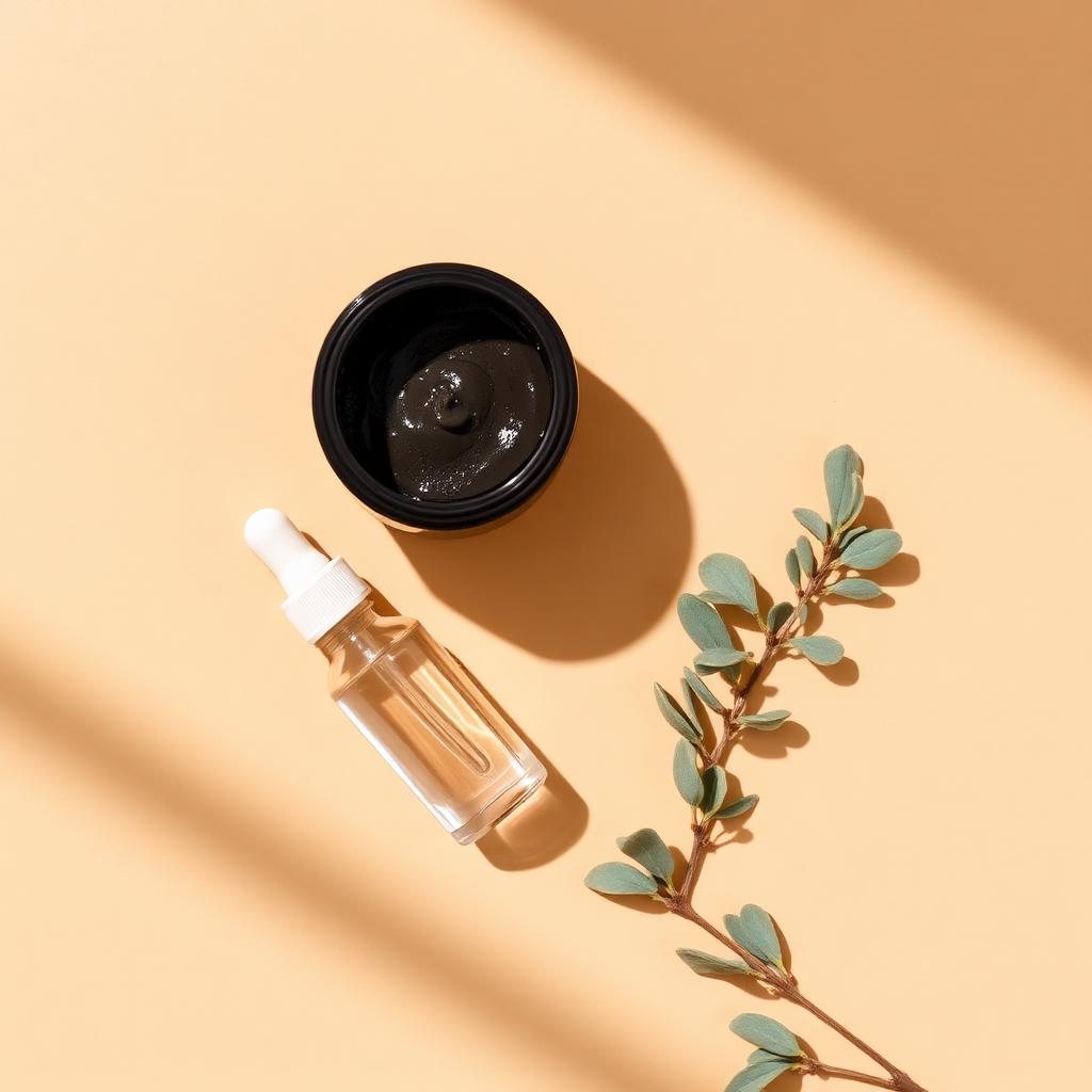 Charcoal pore mask jar and clarifying serum dropper on a warm beige background